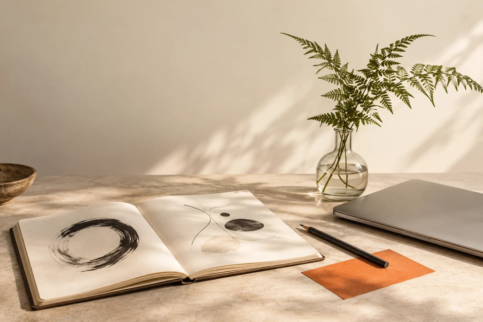 Illustrative still life of a sketchbook, laptop and fern
